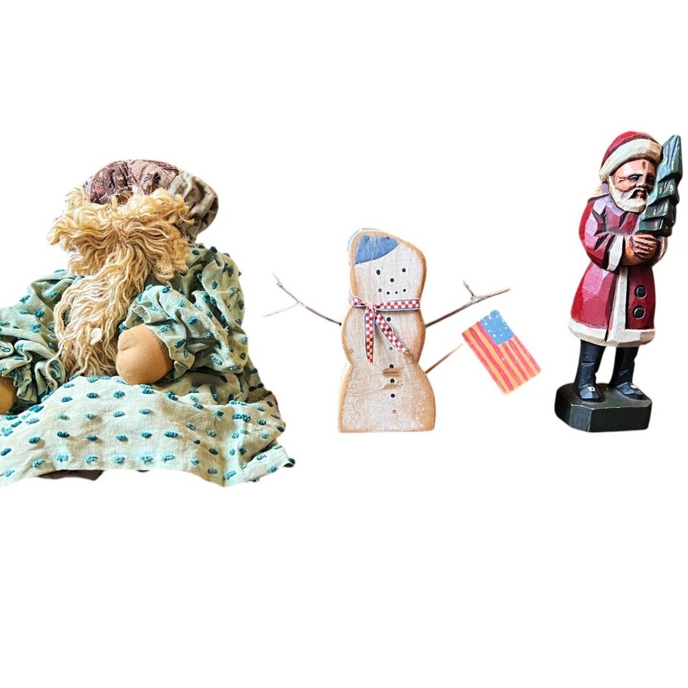 Lot of 3 Handmade Christmas Primitives Raggedy Santa/Wooden Snowman/Wooden Santa